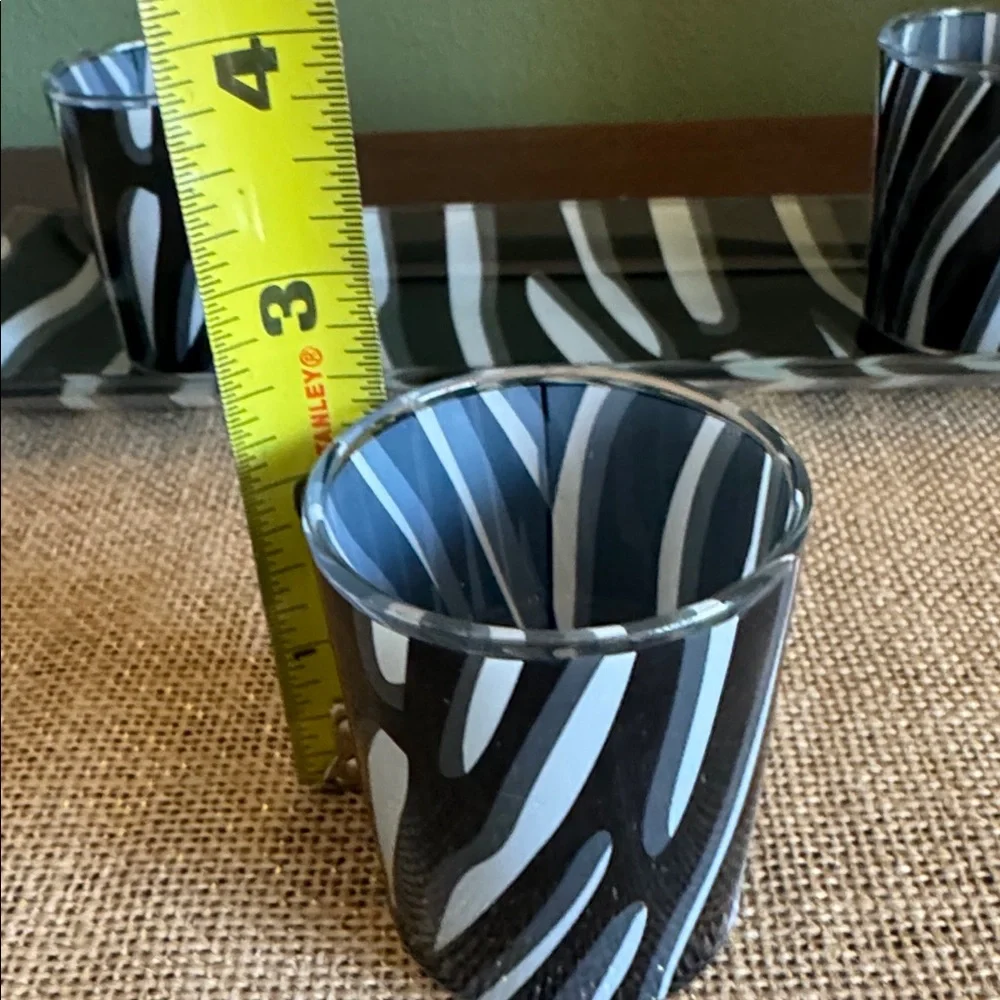 Black & White Zebra Print Glass Votive Candle Holders (3) and Tray